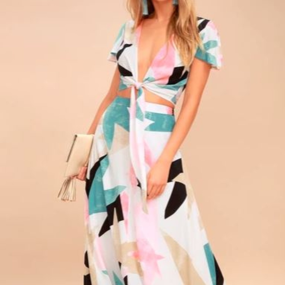 LULUS DAYDREAMING WHITE PRINT TWO-PIECE MAXI DRESS